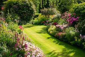 Lush winding green lawn path curving through a colorful summer c, a Photo by Studio ANNA