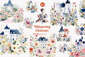 whimsical watercolor castle clipart, a Decorative Illustration by Patishop Art
