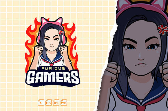 Cute Angry Gamer Girl Logo preview 2