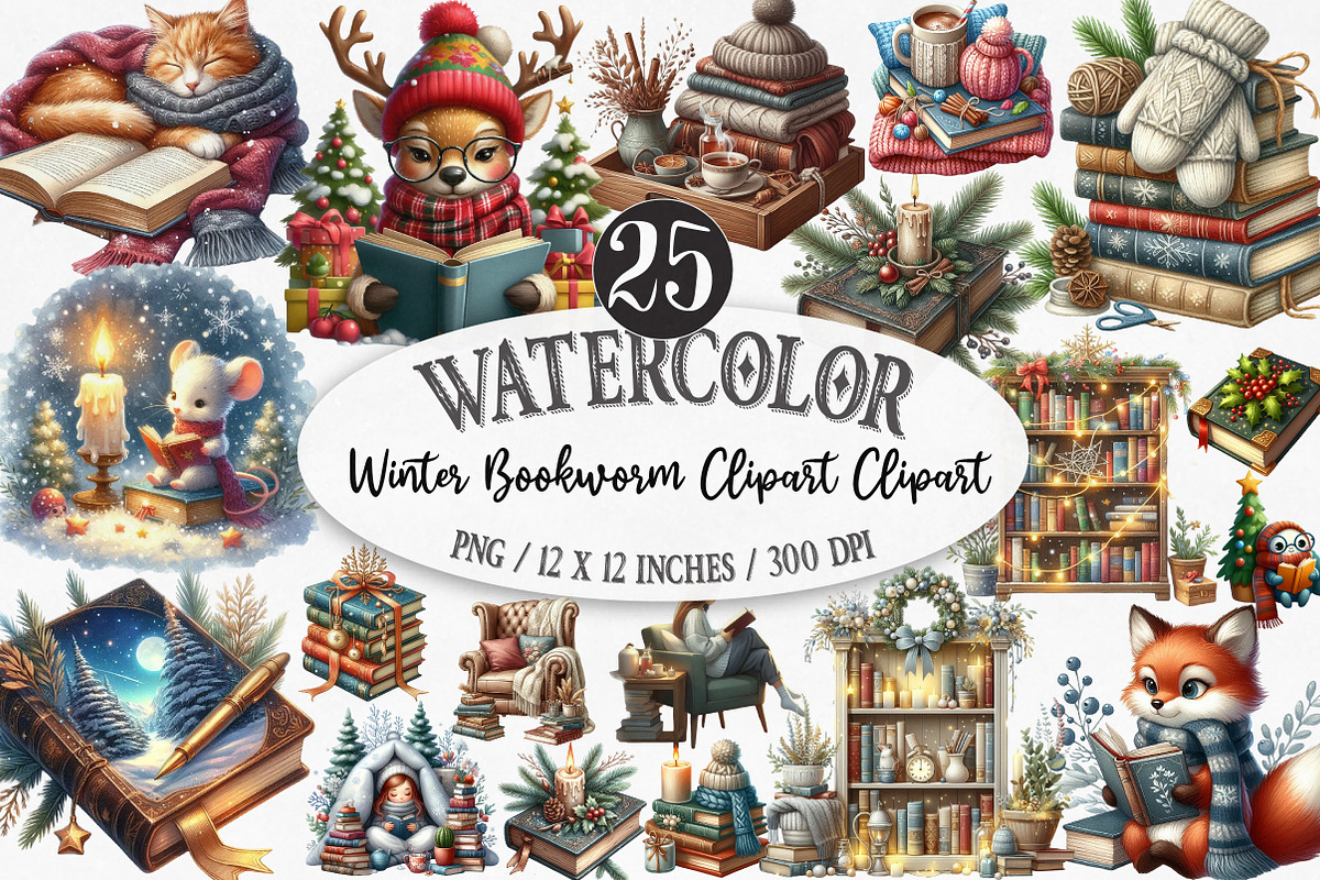 Watercolor Winter Bookworm Clipart, an Illustration by Designking (Photo 1 of 5)