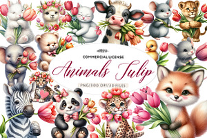 Cute Animals and Tulip Flower, an Illustration by CreationArt