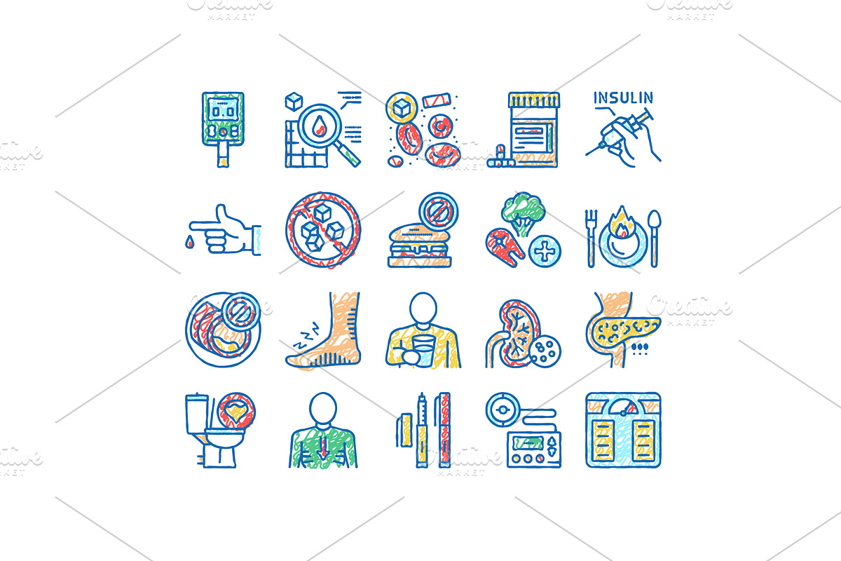 Diabetes Treatment set Icons hand, an Object Illustration by pikepicture