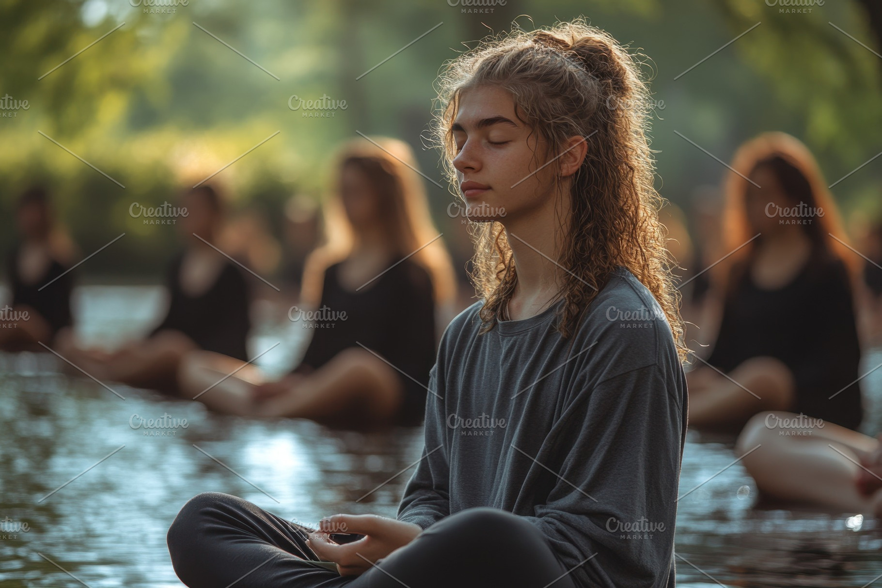 Group meditation in tranquil water u, a Photo by Tanuart