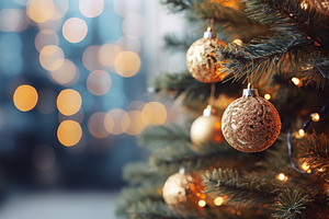 Christmas holiday balls hanging on fir tree on blurred background, a Holiday Photo by AlyaAnd