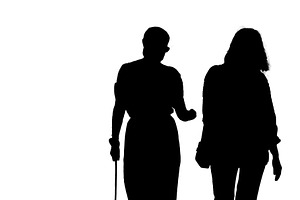 Isolated silhouette of two mature woman walking with a pet, a Person Illustration by DanFLCreativo