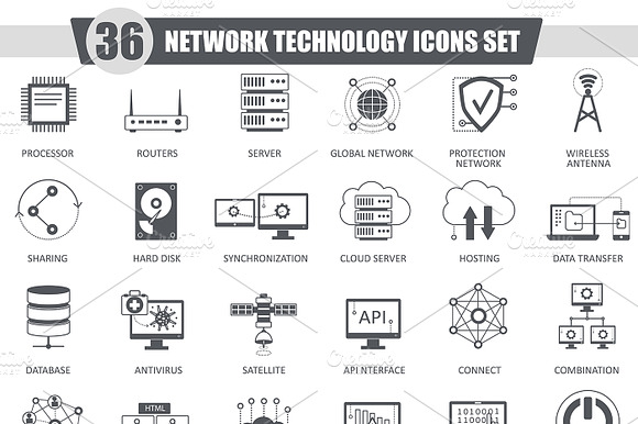 36 Network Technology Black Icon Set