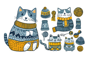 Wool knitting cats cartoon vector, an Animal Illustration by Valerie Bodnar