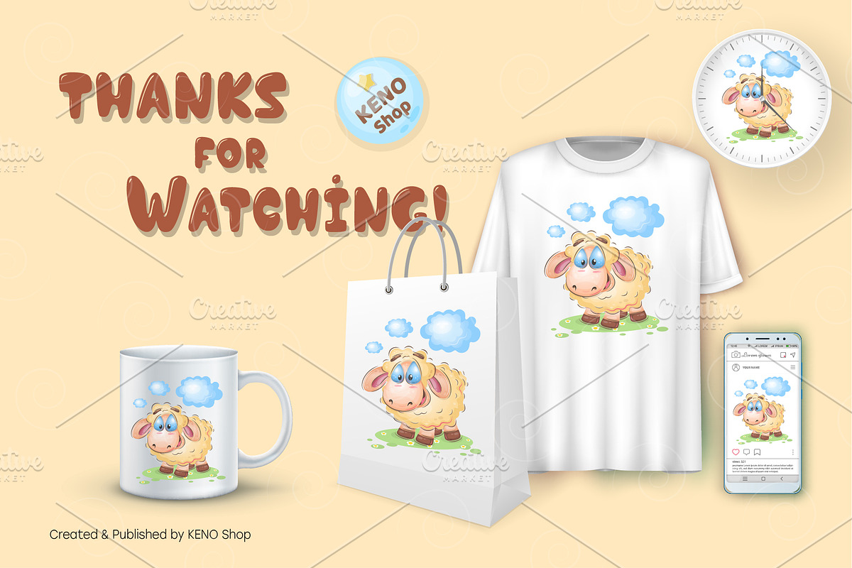 Cute Cartoon sheep. Tshirt, PNG., an Animal Illustration by KENO Mascots (Photo 4 of 4)