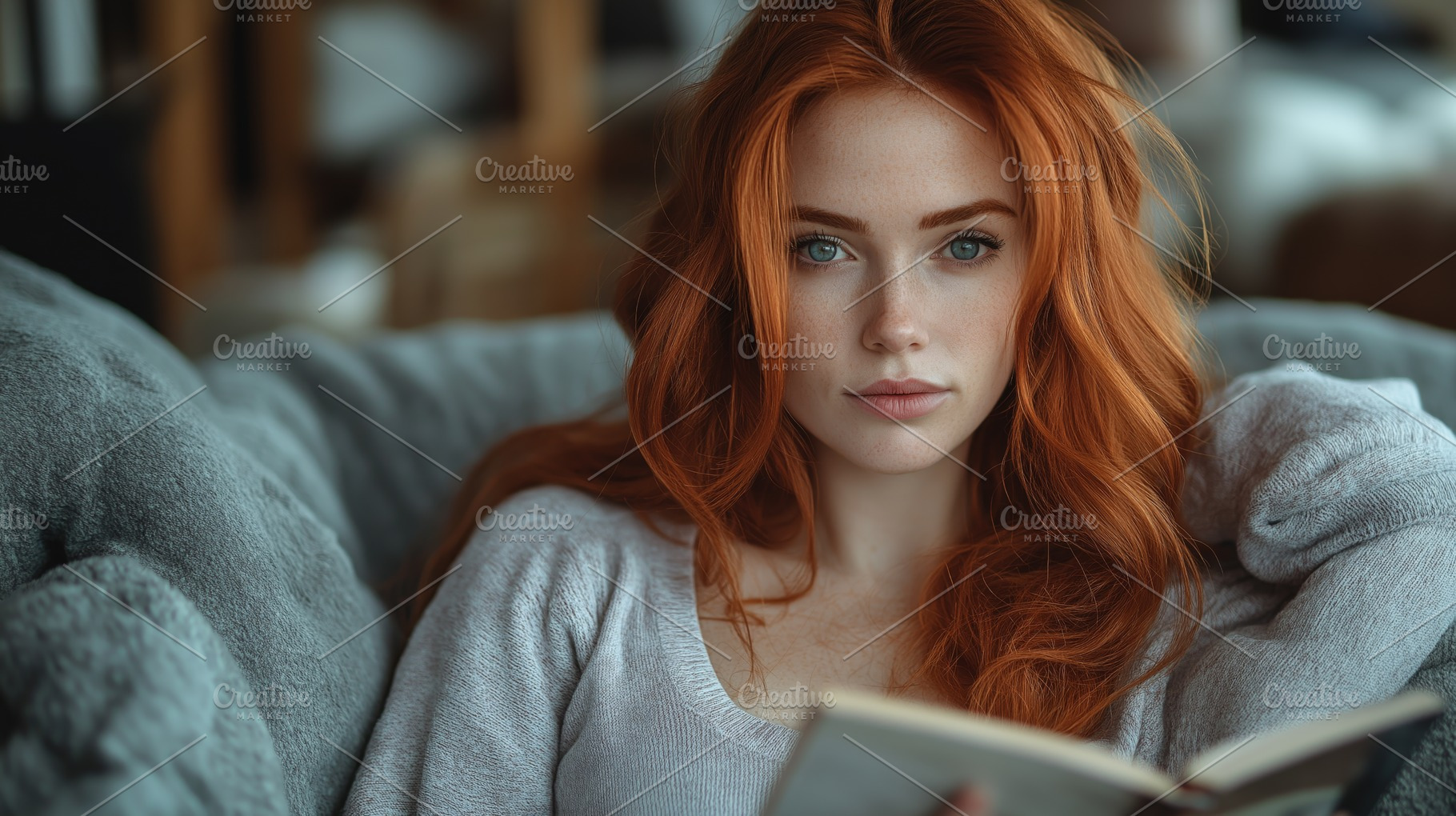 A young Caucasian woman with long red hair reading a book in a cozy, softly lit, a Person Photo by ImageMir