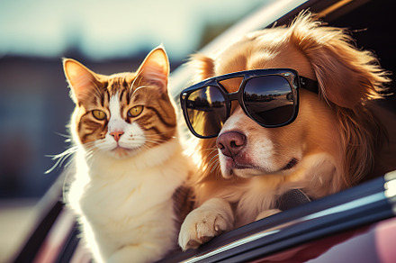 Dog and cat looking out car window. Travel by car. Generative AI, an Animal Photo by AlyaAnd
