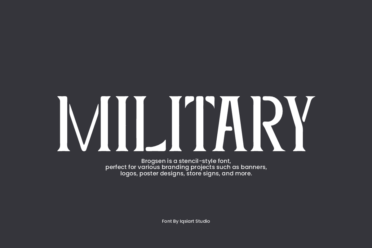 Brogsen - Military Stencil Font, a Serif Font by Iqsiart Studio (Photo 3 of 7)