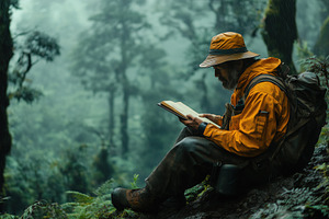 A forester man in a yellow rain jacket and hat sits on a rock in a misty forest, a Person Photo by Textures & Backgrounds