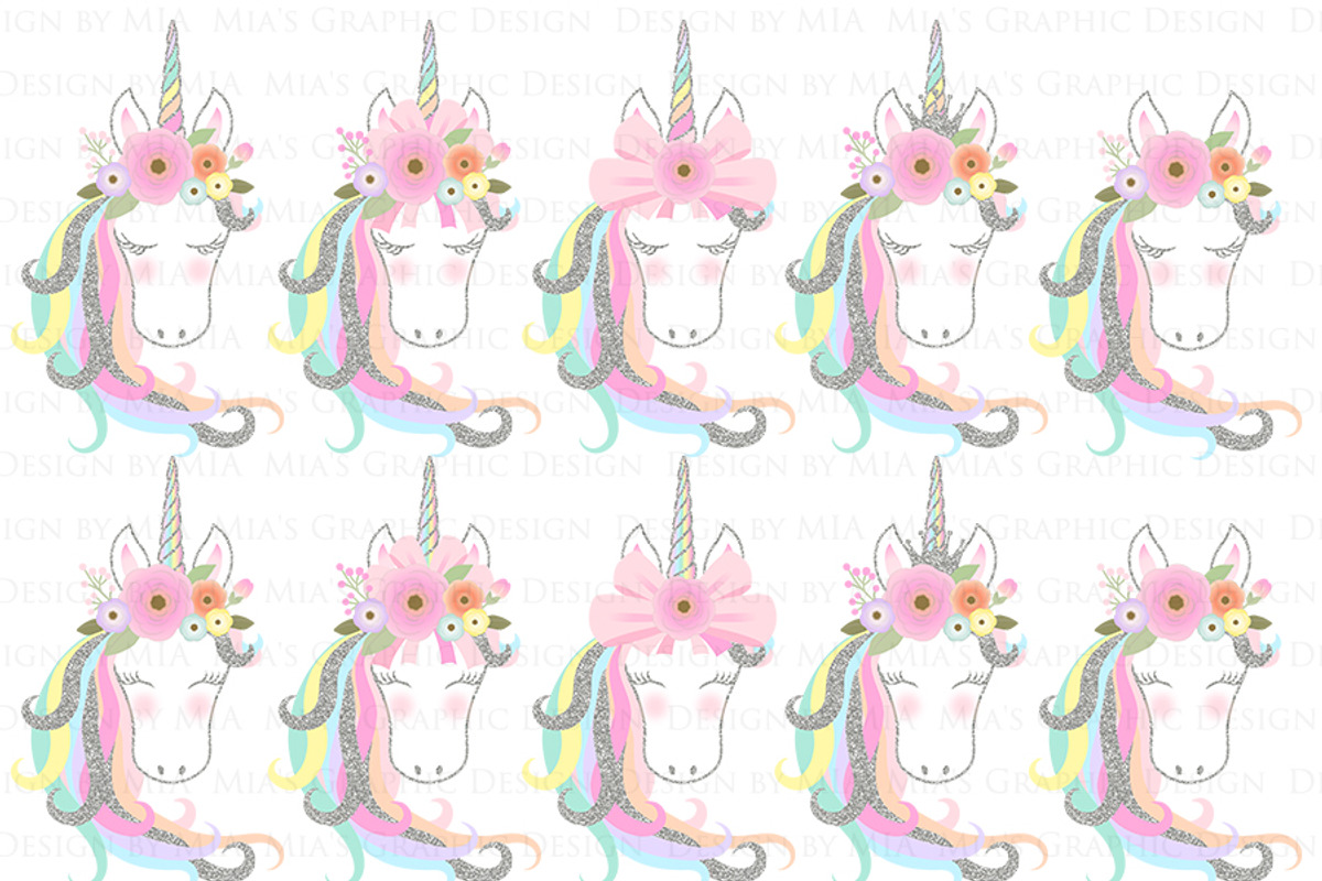 Unicorn Faces Silver Clipart,Pattern, an Illustration by Mia's Graphic Design (Photo 4 of 10)