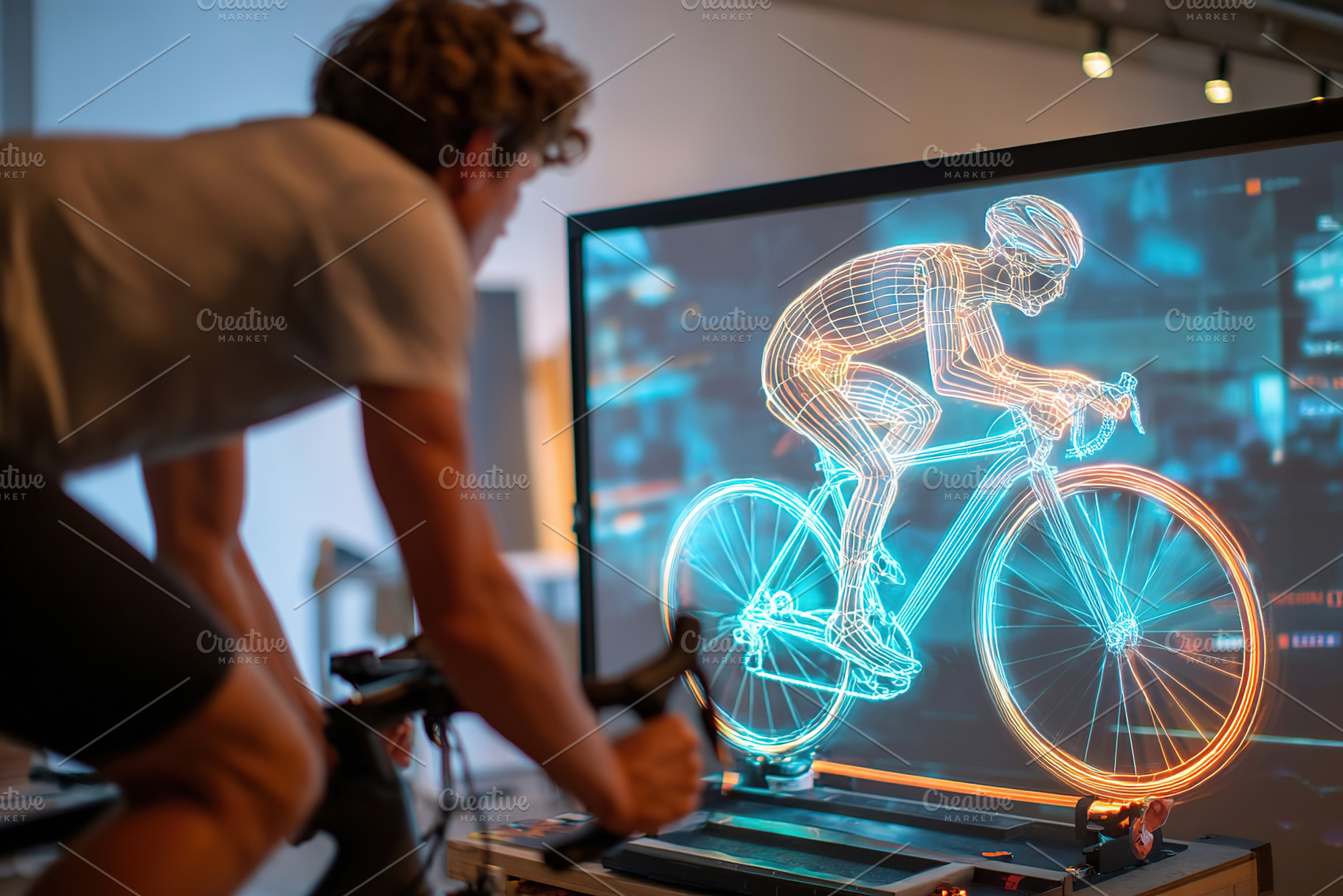 Engaging in virtual cycling competition on a smart trainer with holographic gra, a Photo by AlyaAnd