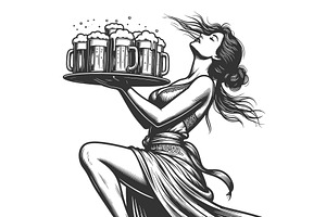 Woman Carrying Beer Mugs Party, a Person Illustration by AlexArt
