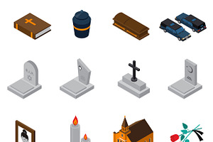 Funeral Isometric Icons Set