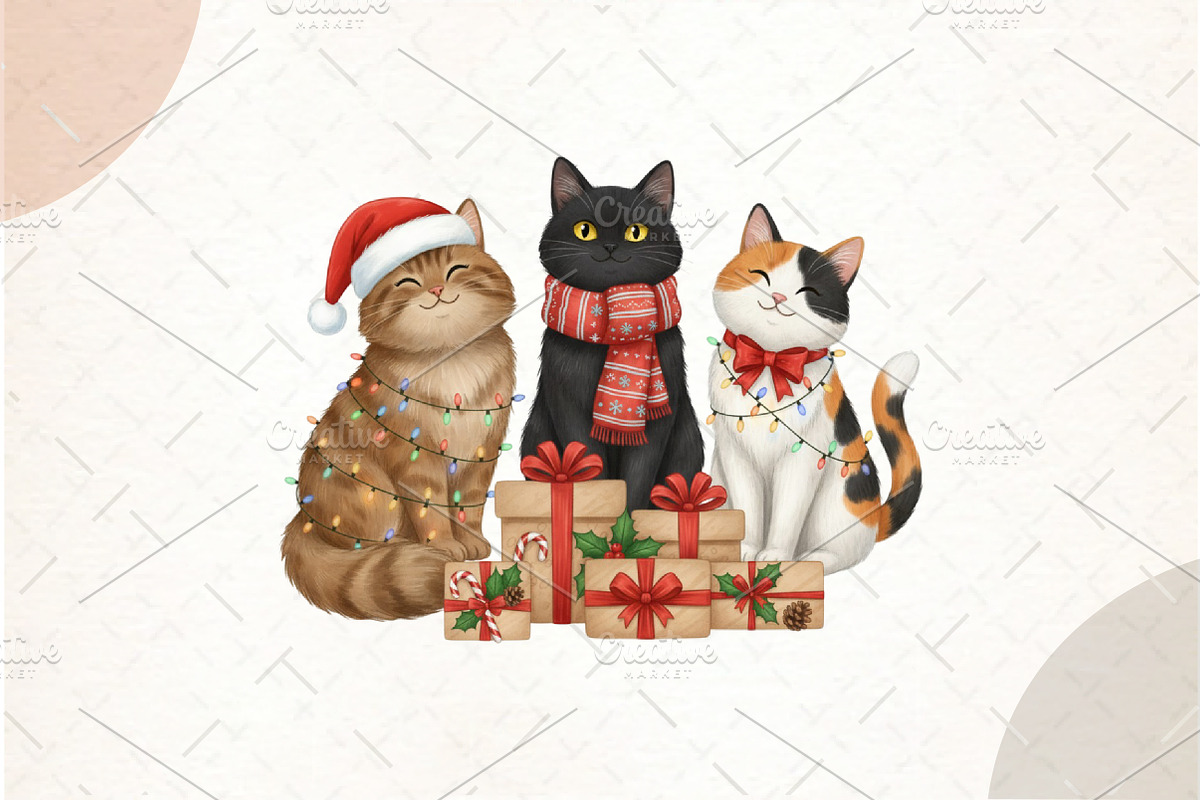 Meowy Christmas Png, an Illustration by Watercolor design (Photo 1 of 5)