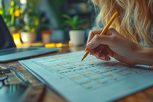 Woman Planning Schedule In Calendar With Pen On Wooden Desk