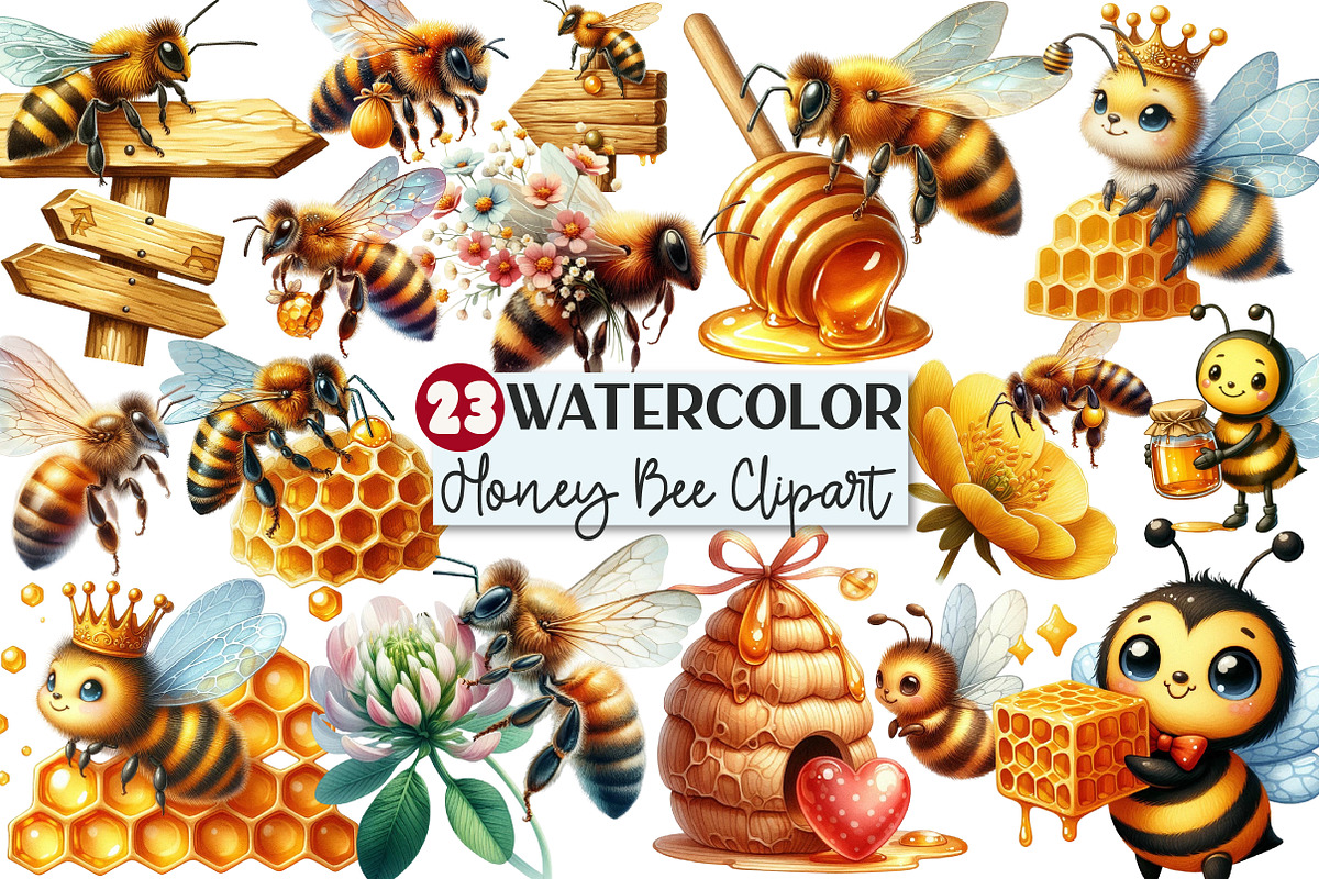 Watercolor Busy Honey Bee Clipart, an Illustration by Rose Art (Photo 1 of 7)