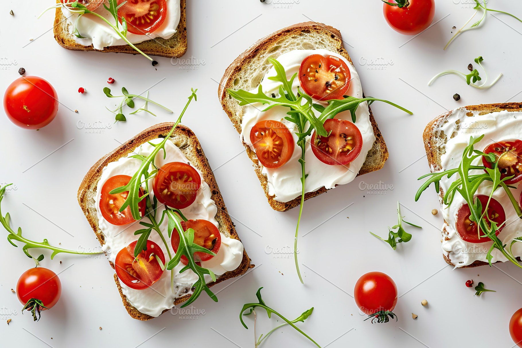 Sandwich with cream cheese, microgreens and tomatoes on white background, a Food & Drink Photo by AlyaAnd