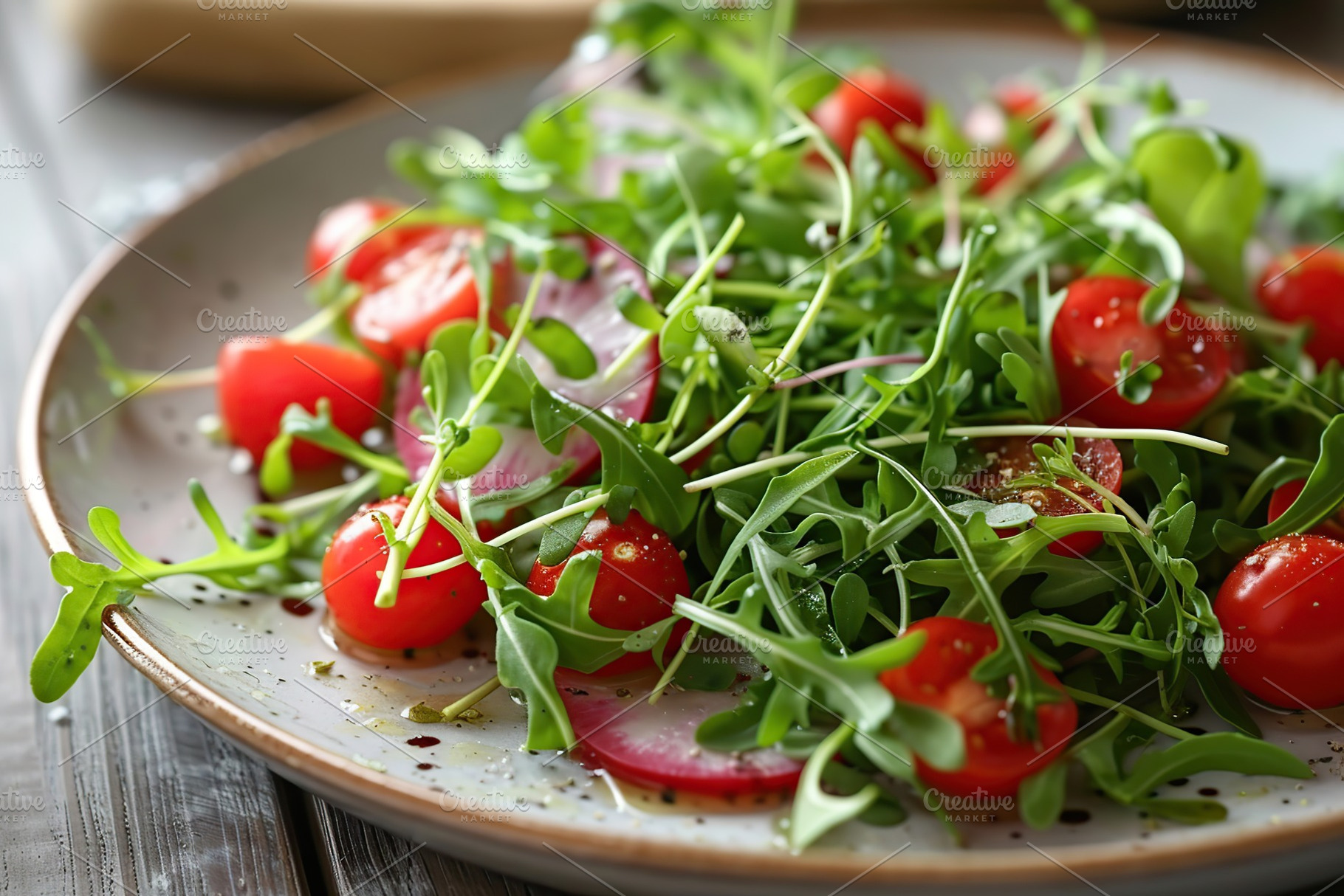 Fresh salad with microgreen, arugula and tomatoes in plate on wooden table, a Food & Drink Photo by AlyaAnd