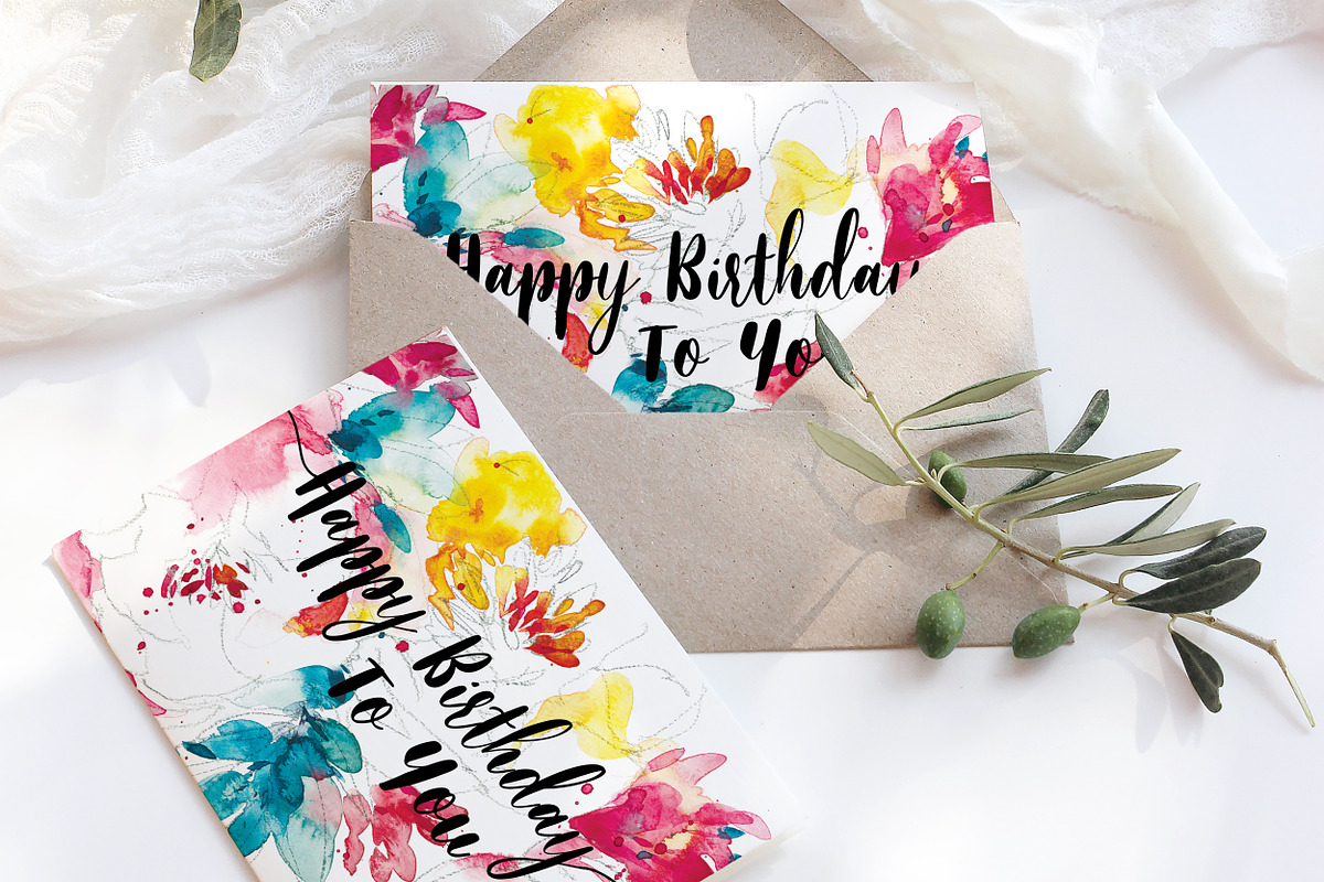 watercolor festive birthday card, a Card Template by TurquoiseDesign (Photo 1 of 4)