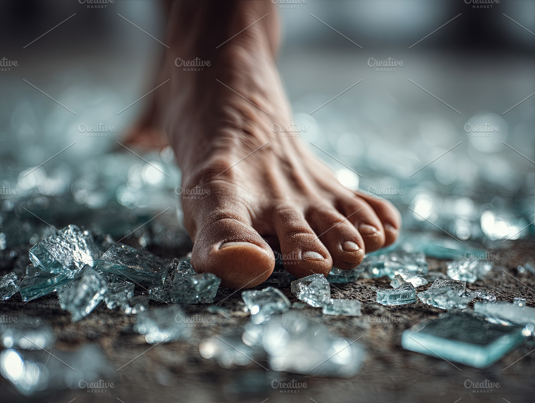 Close-up of a bare foot cautiously moving among sharp broken gla, a Person Photo by Ales Munt