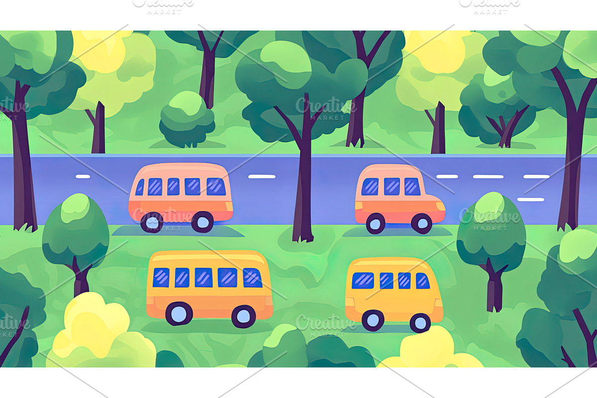 Colorful buses travel on road in a, an Illustration by Lermont51