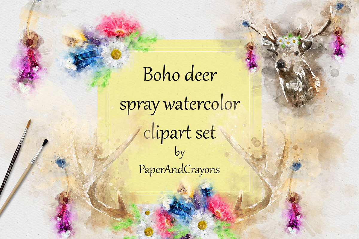 Boho Deer Watercolor Clipart Set, an Illustration by PaperAndCrayons (Photo 1 of 5)