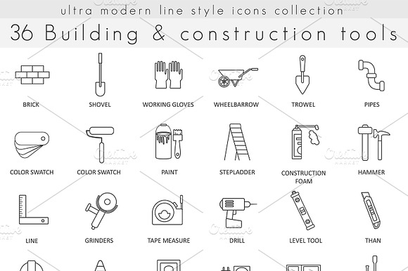 36 Building Construction Line Icons