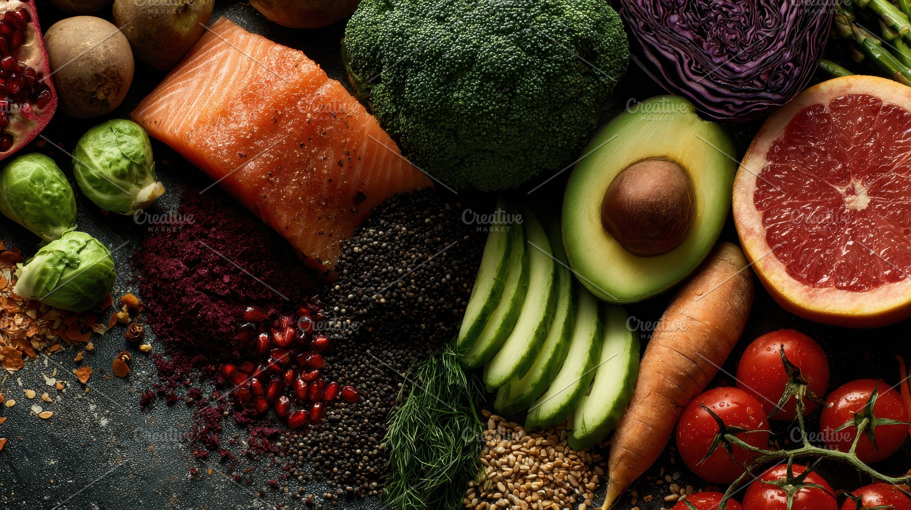 Fresh vegetables, fruits, and fish, a Photo by Pavel_design