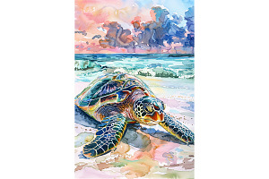 Watercolor Sea Turtle on Beach Art, an Animal Illustration by Art Paradise Studios