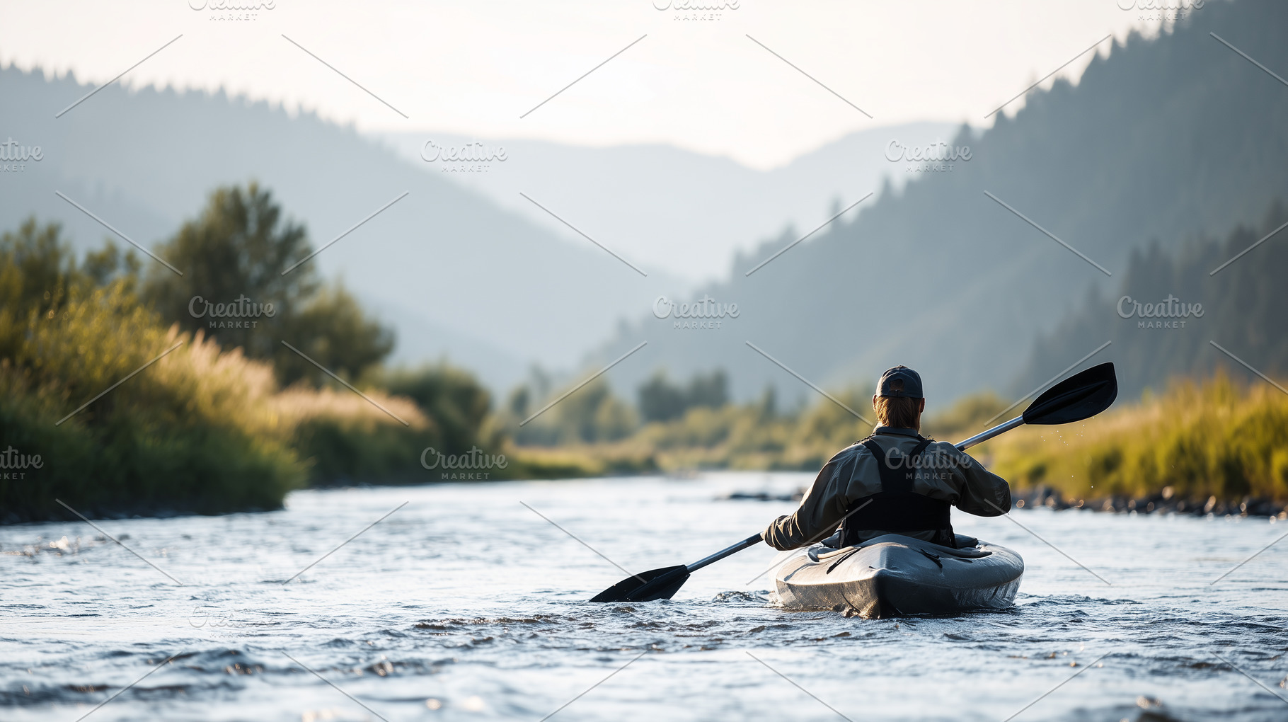 Man kayaking on a river surrounded, a Sports & Recreation Photo by MistyDay