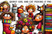 Quirky Girl and Cat Peeking Clipart, an Illustration by Libby Wishes (Thumbnail 1 of 6)