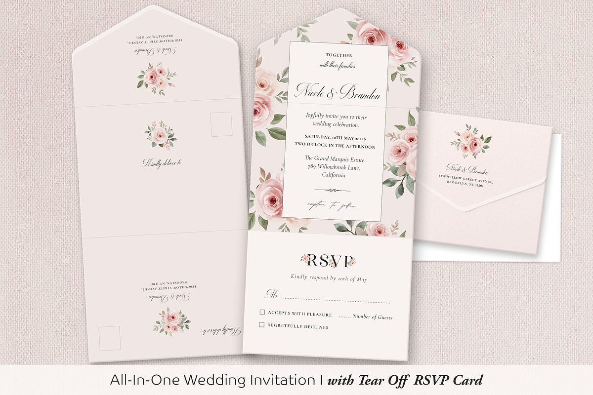 Pink Roses All-In-One Wedding Invite, a Background Graphic by by creative paper (Photo 3 of 4)