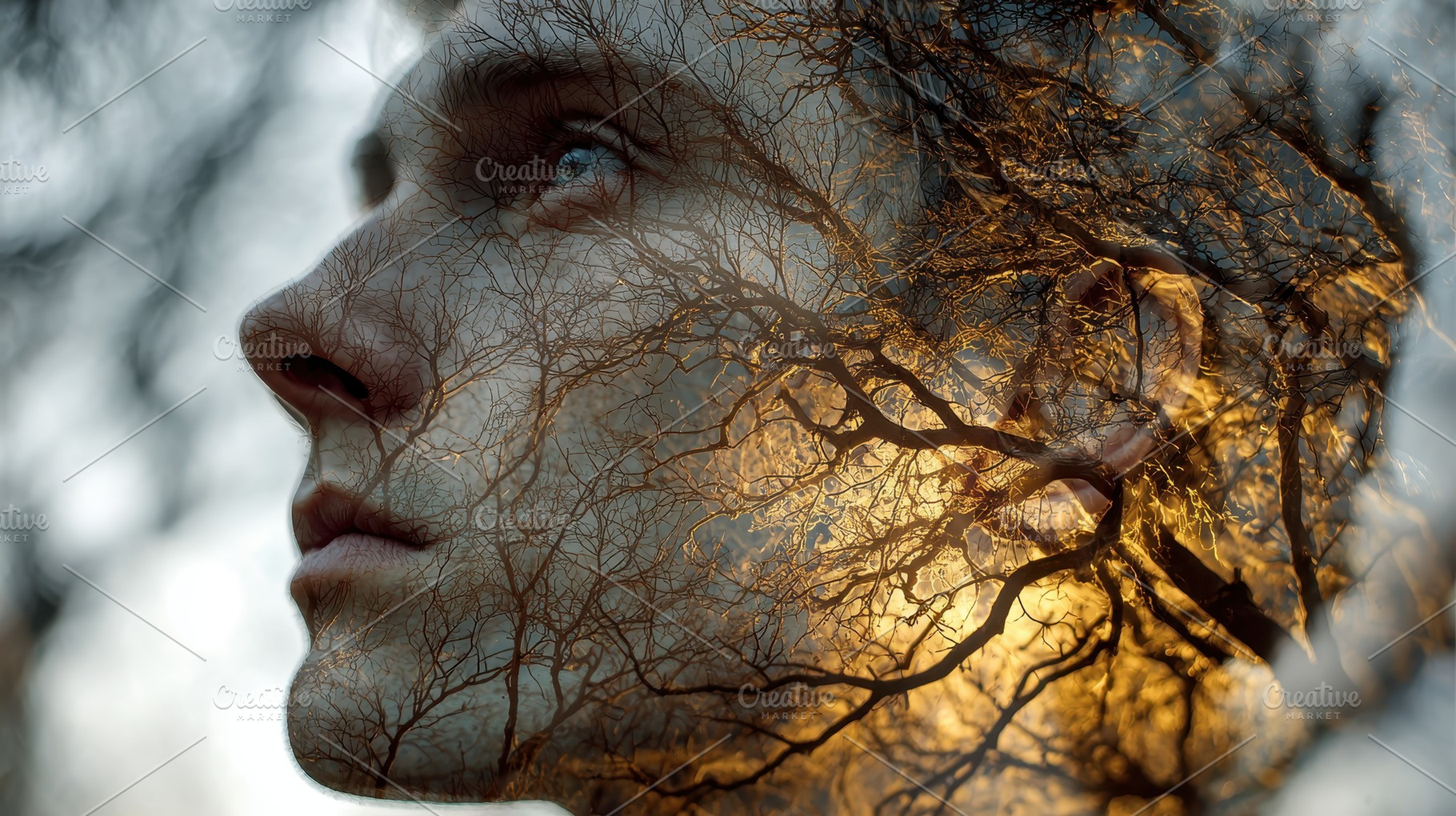 Man Nature Double Exposure Golden Su, an Abstract Photo by Pixeness Studio