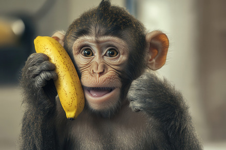 A monkey grips a banana like a phone, a Photo by Pavel_design