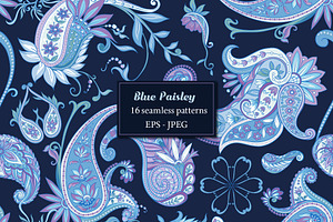 Blue Paisley Seamless Pattern Set