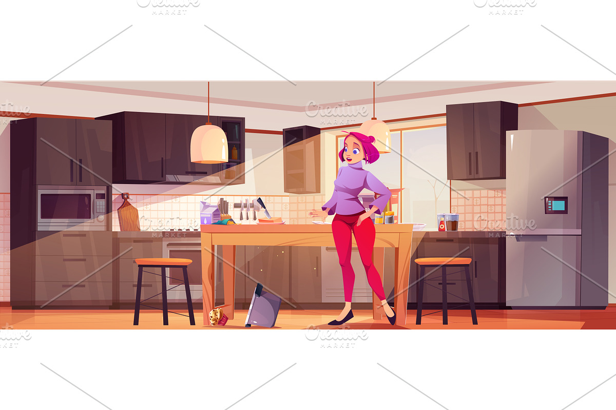 Cartoon woman in kitchen with pot, an Object Illustration by art PVP - market