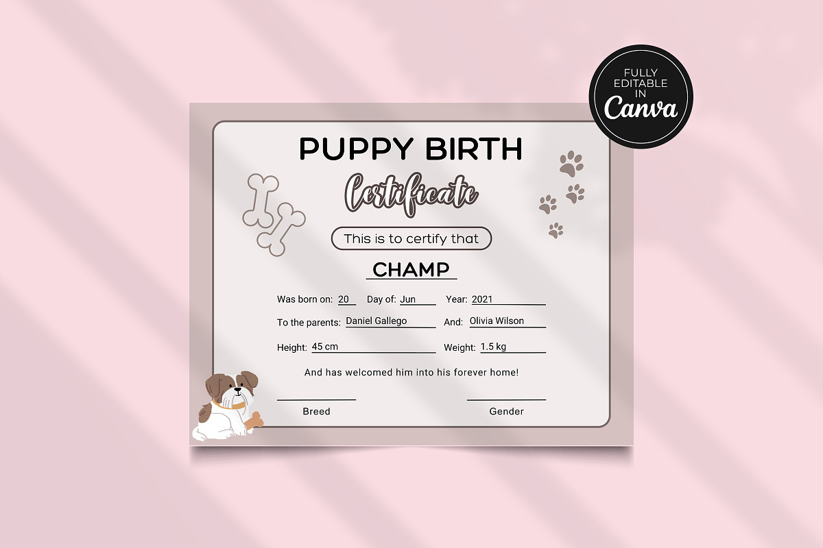 Editable Puppy Birth Certificate, a Print Template by Snapybiz (Photo 2 of 11)