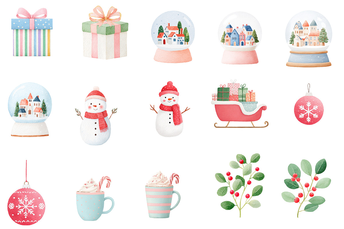 Watercolor cute christmas clipart, an Illustration by Designworld (Photo 2 of 5)