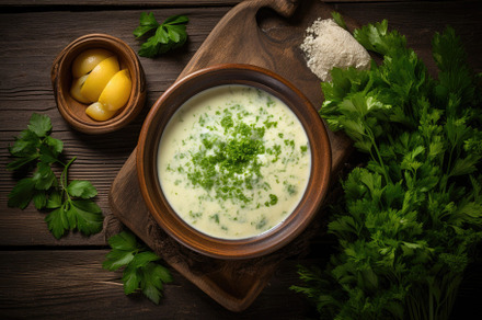 Creamy soup with parsley in a bowl o, a Photo by Iftikhar Alam