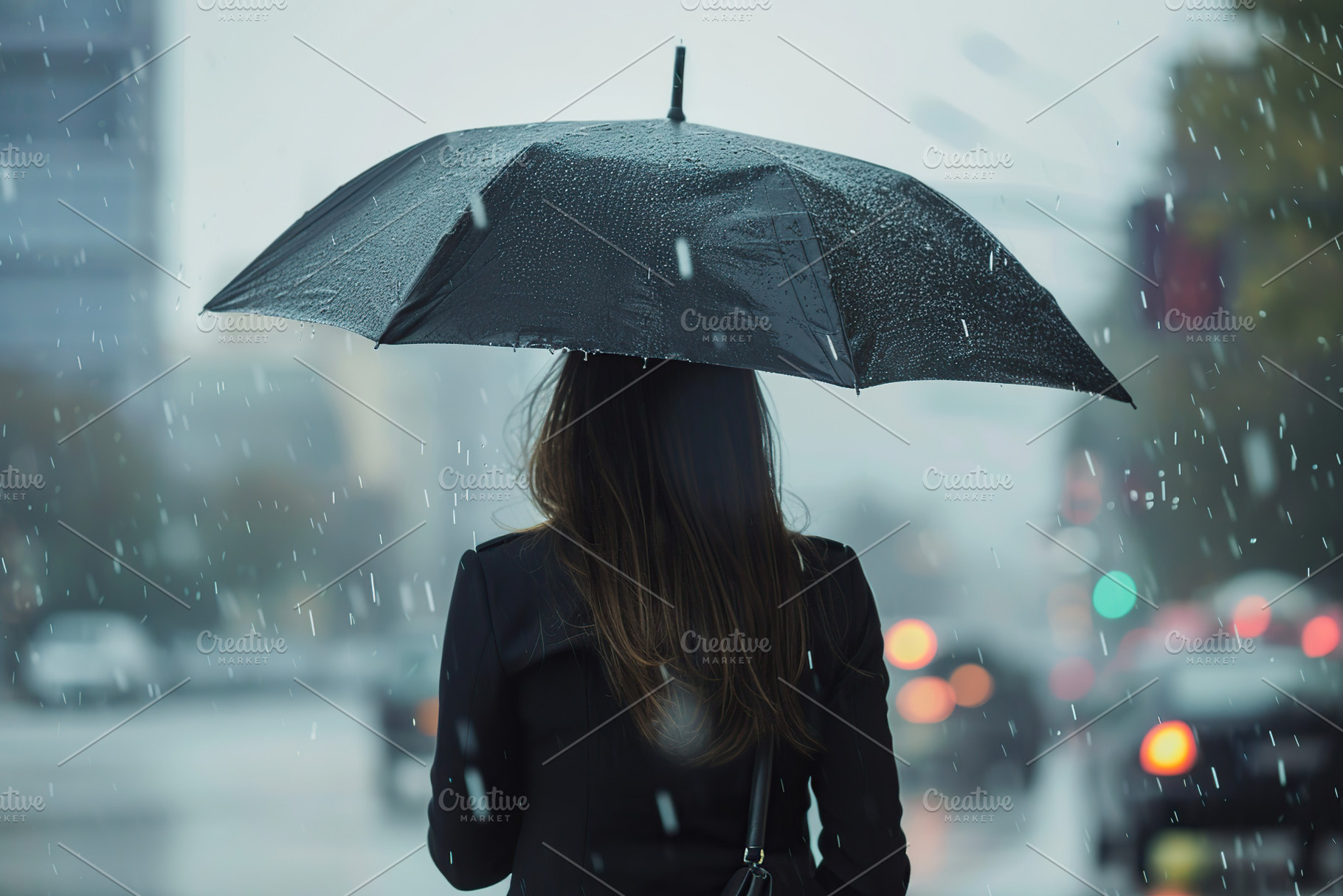 Businesswoman with black umbrella walking in the rain, a Business Photo by AlyaAnd