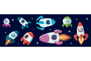 Retro pixel rocket designs for space, a Transportation Illustration by art PVP - market