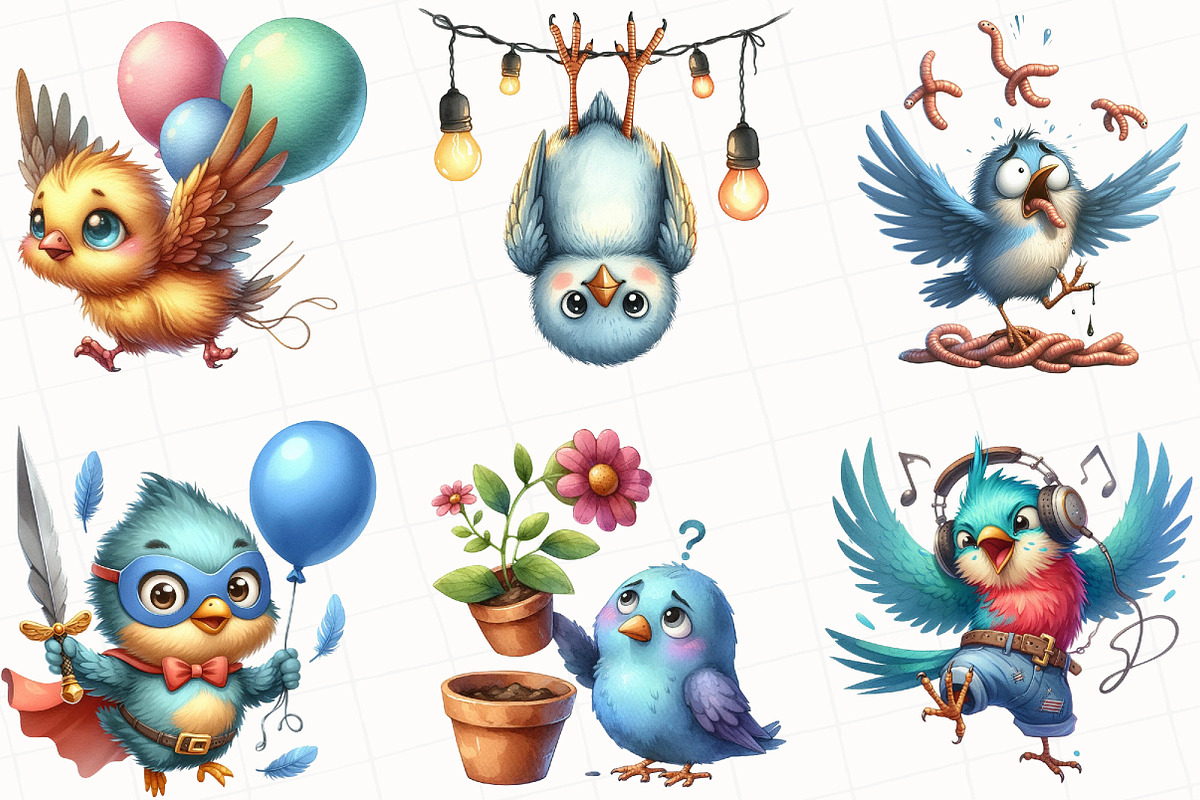 Watercolor Funny Birds Clipart, an Illustration by OK Design (Photo 4 of 5)