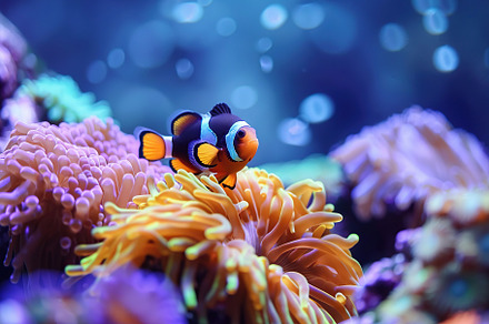 Clownfish in aquarium with blue water and corals, an Animal Photo by AlyaAnd