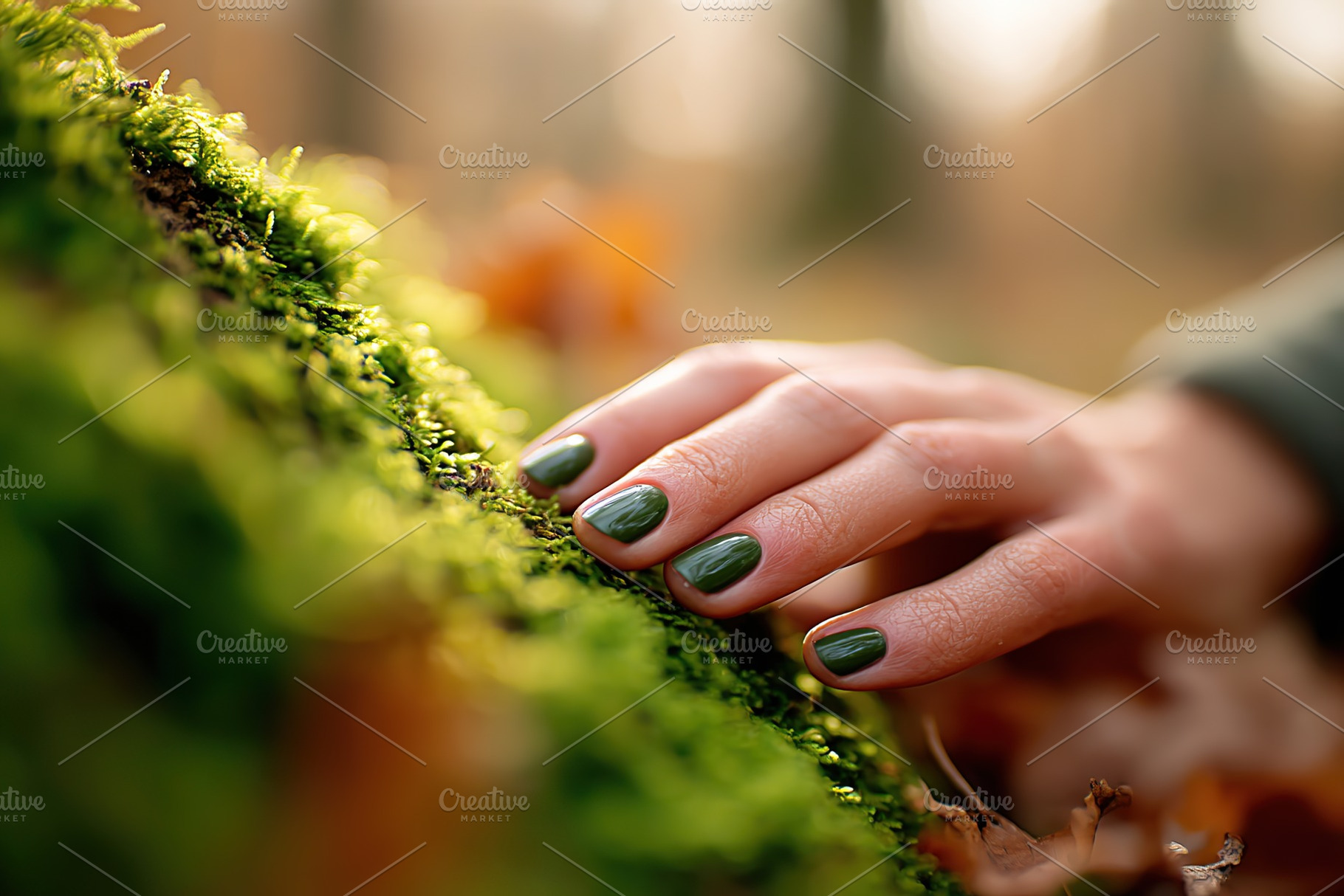 Exploring nature with a gentle touch of a hand on vibrant green moss, a Beauty & Fashion Photo by AlyaAnd