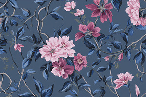 Seamless pattern, deep blue background with trailing floral patt, a Pattern Graphic by Studio ANNA