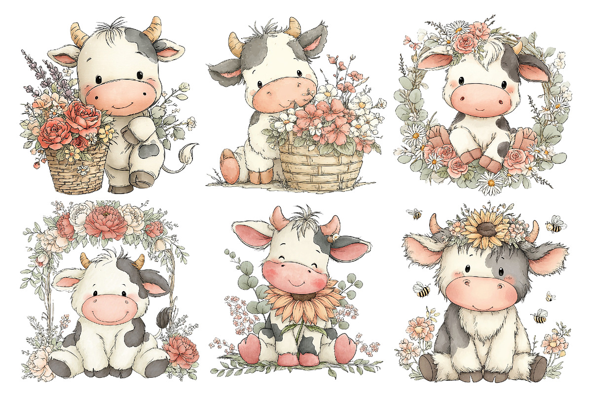Watercolor Cute Cow Clipart, an Animal Illustration by Creative Art (Photo 4 of 7)