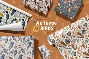 Autumn Birds. Seamless Patterns